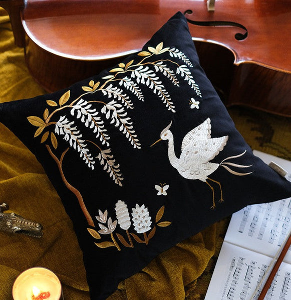 Decorative Pillow Arrangement Ideas for Bed, Embroidered Egret Cushion, Vintage Decorative Pillows, Luxury Decorative Pillows for Couch, Modern Throw Pillows for Couch-ArtWorkCrafts.com