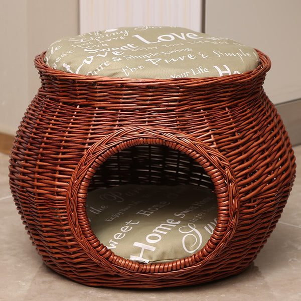 Wicker Cat House Basket with Washable Cushion for Indoor Cats and Dogs, Rattan Cat Bed-ArtWorkCrafts.com