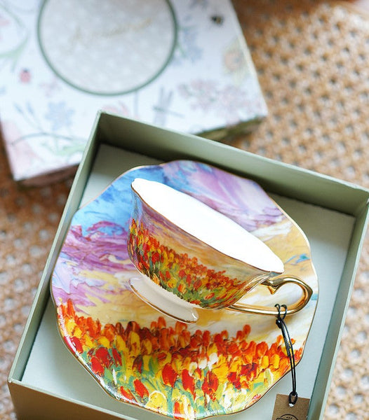 Elegant Ceramic Coffee Cups, Flower Field Vintage Porcelain Tea Cup Saucer Set, Unique British Tea Cup and Saucer in Gift Box, Royal Ceramic Cups-ArtWorkCrafts.com