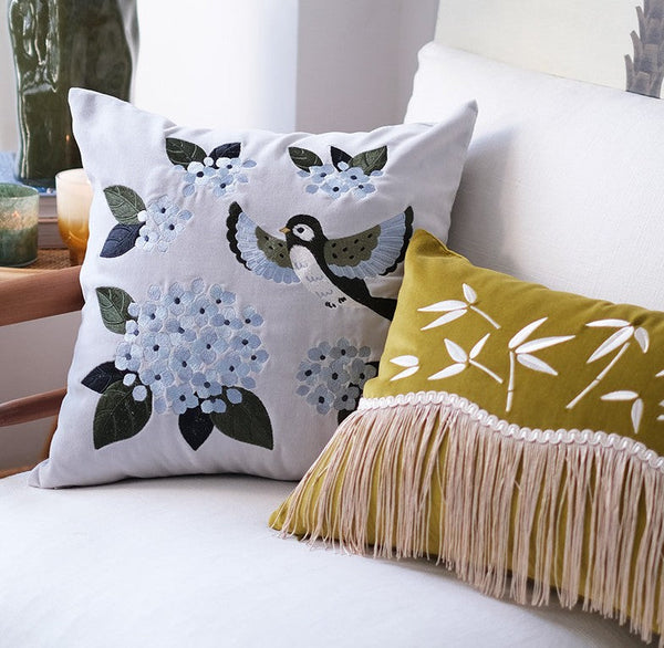 Vintage Decorative Pillows, Embroidered Swallow Birds Cushion, Decorative Pillows for Couch, Modern Throw Pillows for Bedroom, Decorative Pillow Arrangement Ideas for Couch-ArtWorkCrafts.com
