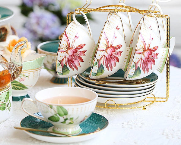 Lotus Flower Bone China Porcelain Tea Cup Set, Elegant Ceramic Coffee Cups, Beautiful British Tea Cups, Traditional English Tea Cups and Saucers-ArtWorkCrafts.com