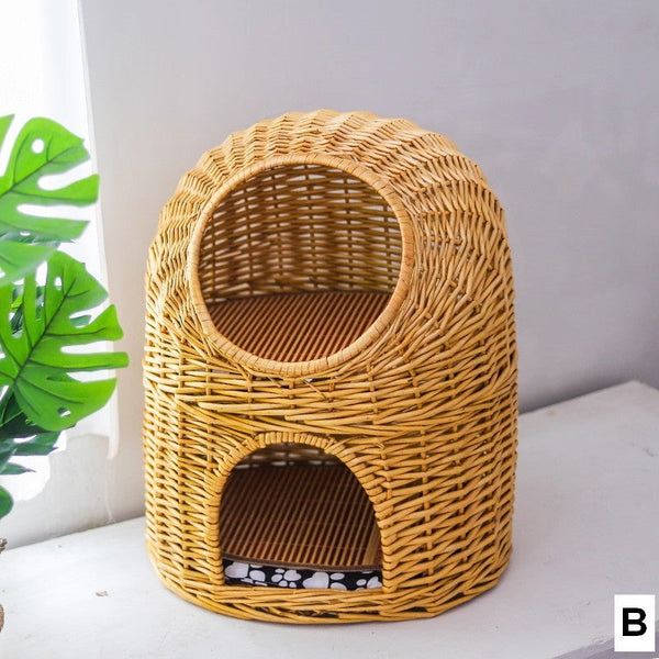Large Double-Layer Cat Bed, Wicker Cat House Basket with Washable Cushion for Indoor Cats and Dogs-ArtWorkCrafts.com