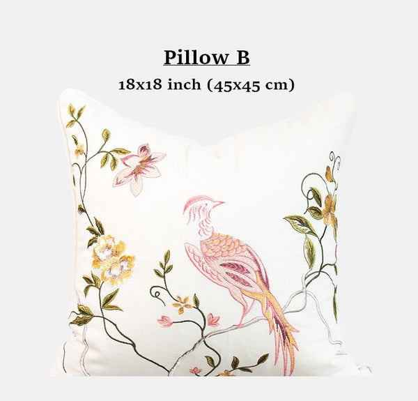 Embroidered Floral Bird Pattern Pillow Covers, Living Room Decorative Pillows, Modern Decorative Cushions, Decorative Pillows for Bed, Decorative Pillow Arrangement Ideas for Interior Design-ArtWorkCrafts.com