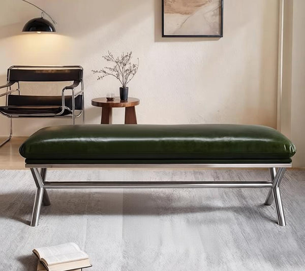 Contemporay Bedroom Bench, Luxury Genuine Leather Entry Bench, Upholstered Shoe Bench, Narrow Entryway Bench, Modern Shoe Changing Ottoman, Mid-Century Hall Bench-ArtWorkCrafts.com