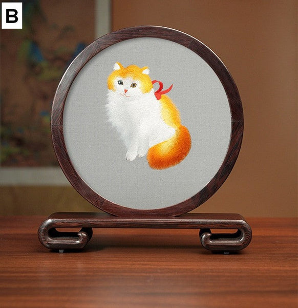 Unique Birthday Gift, Traditional Chinese Suzhou Kitten Embroidery Ornament, Lovely Kitty Cat Embroidered Decor, Premium Souvenir, Exclusive Business Present-ArtWorkCrafts.com