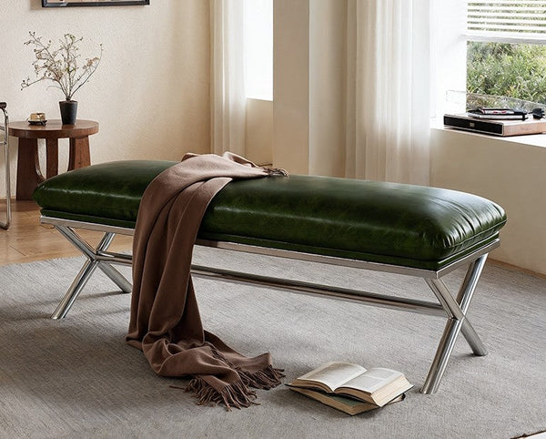 Contemporay Bedroom Bench, Luxury Genuine Leather Entry Bench, Upholstered Shoe Bench, Narrow Entryway Bench, Modern Shoe Changing Ottoman, Mid-Century Hall Bench-ArtWorkCrafts.com