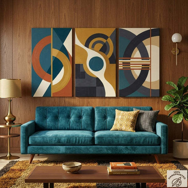 Geometric Abstract Paintings, Multi Panel Canvas Art, Extra Large Group Paintings for Living Room, Hand Painted Artwork