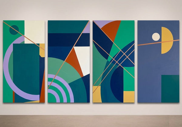 Blue Modern Contemporary Paintings, Geometric Abstract Paintings, Hand Painted Canvas Art, Multi Panel Wall Painting-ArtWorkCrafts.com