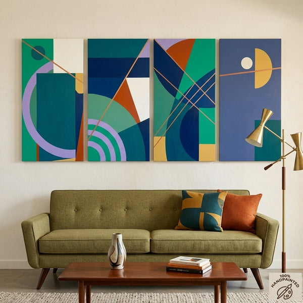 Blue Modern Contemporary Paintings, Geometric Abstract Paintings, Hand Painted Canvas Art, Multi Panel Wall Painting-ArtWorkCrafts.com