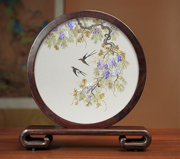 Silk Embroidered Ornament, Premium Souvenir, Exclusive Business Presents, Creative Birthday Gift, Traditional Chinese Suzhou Flower and Birds Embroidery Ornaments-ArtWorkCrafts.com