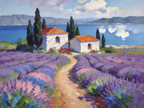 Small Wall Paintings, Lavender Fields and White Cottages, Simple Painting Ideas, Landscape Canvas Paintings, Impasto Wall Art Paintings, On Canvas Small Paintings-ArtWorkCrafts.com