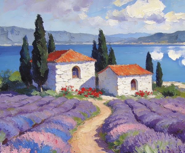 Small Wall Paintings, Lavender Fields and White Cottages, Simple Painting Ideas, Landscape Canvas Paintings, Impasto Wall Art Paintings, On Canvas Small Paintings-ArtWorkCrafts.com