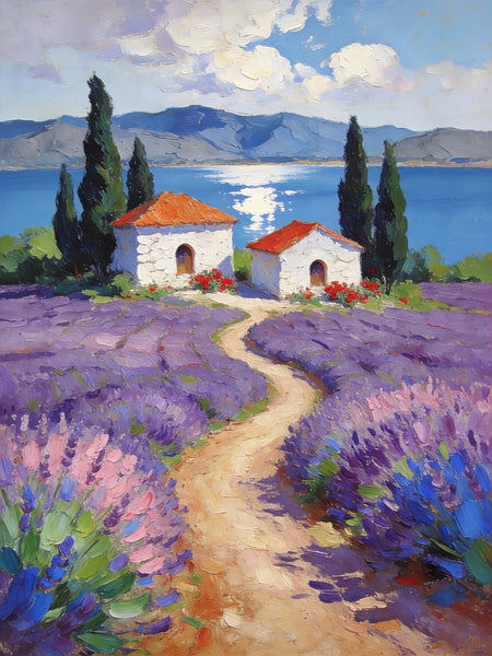 Sunlit Lavender Fields with White Cottages Impasto Paintings, Small Oil Paintings, Small Wall Paintings, Landscape Artwork Canvas Paintings, Small Original Paintings-ArtWorkCrafts.com