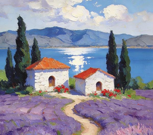 Sunlit Lavender Fields with White Cottages Impasto Paintings, Small Oil Paintings, Small Wall Paintings, Landscape Artwork Canvas Paintings, Small Original Paintings-ArtWorkCrafts.com