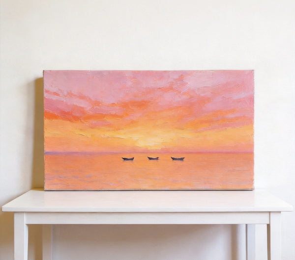 Hand Painted Canvas Artwork, Boats Adrift in Sunset Glow, Small Canvas Wall Art Paintings, Sunset Paintings, Original Seascape Paintings-ArtWorkCrafts.com