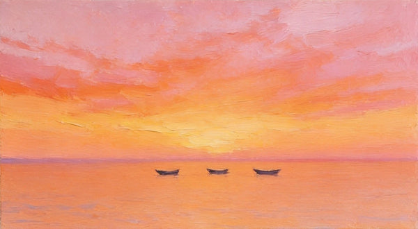 Hand Painted Canvas Artwork, Boats Adrift in Sunset Glow, Small Canvas Wall Art Paintings, Sunset Paintings, Original Seascape Paintings-ArtWorkCrafts.com
