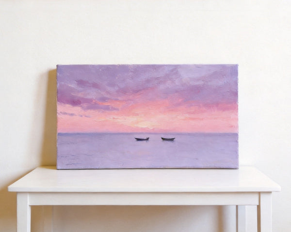 Small Canvas Paintings, Sunset Paintings, Silence of the Twilight Sea, Original Seascape Paintings, Hand Painted Canvas Wall Art-ArtWorkCrafts.com