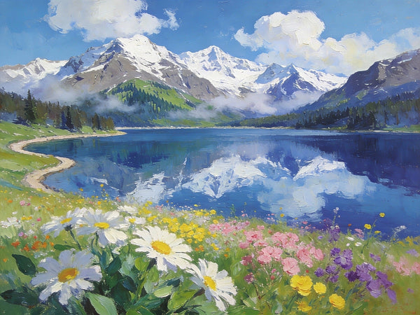 Snow-Capped Peaks Reflected in the Lake, Hand Painted Canvas Art, Small Oil Paintings on Canvas, Small Original Oil Paintings, Small Landscape Paintings-ArtWorkCrafts.com