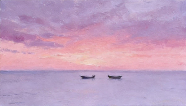 Small Canvas Paintings, Sunset Paintings, Silence of the Twilight Sea, Original Seascape Paintings, Hand Painted Canvas Wall Art-ArtWorkCrafts.com