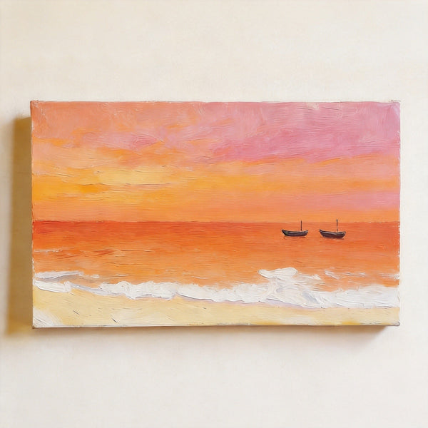 Small Canvas Wall Art Paintings, Sunset Paintings, Sailing Boats Adrift in Sunset Glow, Original Seascape Paintings, Hand Painted Canvas Artwork-ArtWorkCrafts.com