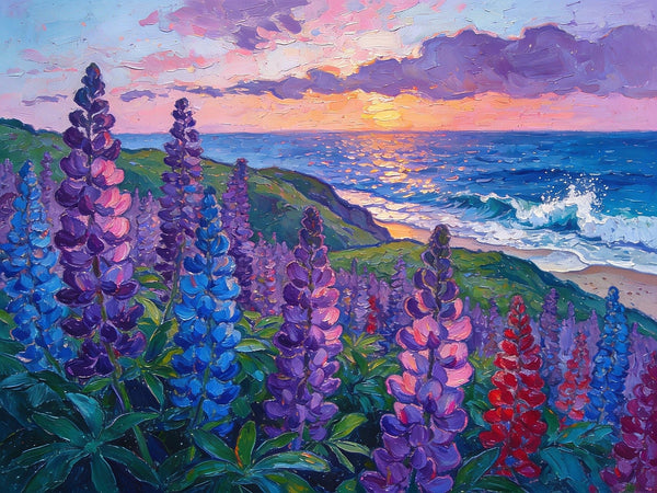 Seaside Lupines in Bloom, Heavy Texture Paintings, Original Small Landscape Paintings, Small Oil Paintings on Canvas, Small Paintings on Canvas, Hand Painted Canvas Art-ArtWorkCrafts.com