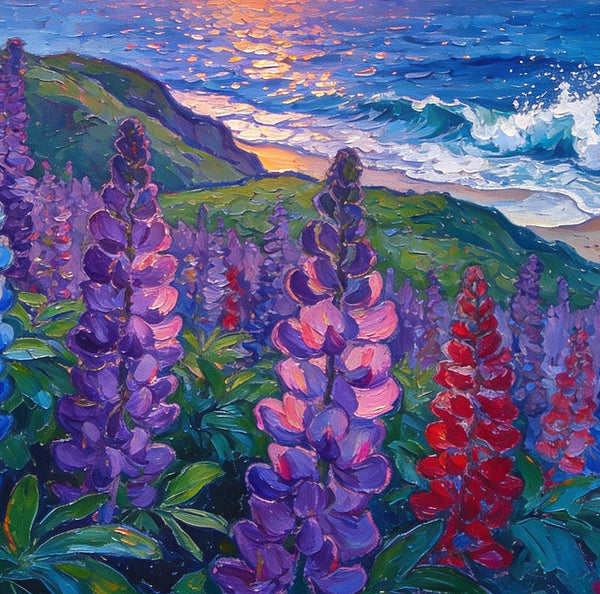 Seaside Lupines in Bloom, Heavy Texture Paintings, Original Small Landscape Paintings, Small Oil Paintings on Canvas, Small Paintings on Canvas, Hand Painted Canvas Art-ArtWorkCrafts.com