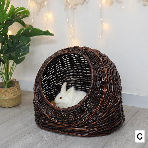 Natural Wicker Cat House Basket with Washable Cushion for Indoor Cats and Dogs, Rattan Cat Bed-ArtWorkCrafts.com