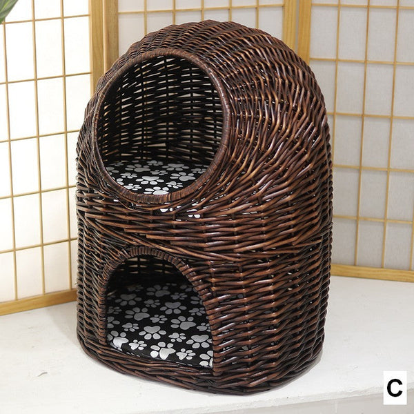Large Double-Layer Cat Bed, Wicker Cat House Basket with Washable Cushion for Indoor Cats and Dogs-ArtWorkCrafts.com