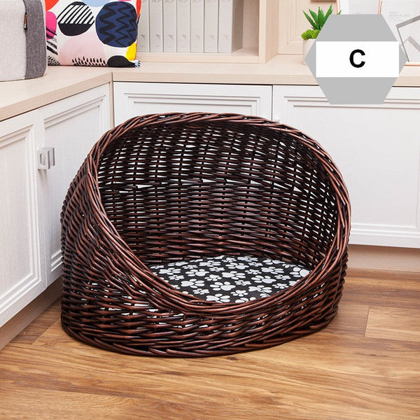 Natural Wicker Cat House Basket with Washable Cushion for Indoor Cats and Dogs, Hand woven Rattan Cat Bed-ArtWorkCrafts.com