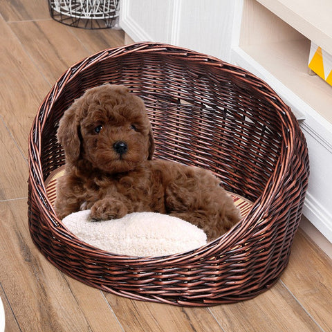 Natural Wicker Cat House Basket with Washable Cushion for Indoor Cats and Dogs, Hand woven Rattan Cat Bed-ArtWorkCrafts.com