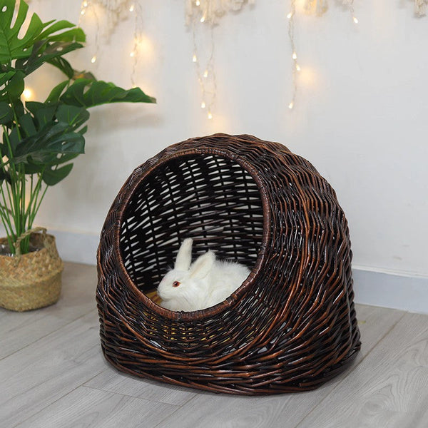 Hand woven Rattan Cat Bed, Natural Wicker Cat House Basket with Washable Cushion for Indoor Cats and Dogs-ArtWorkCrafts.com