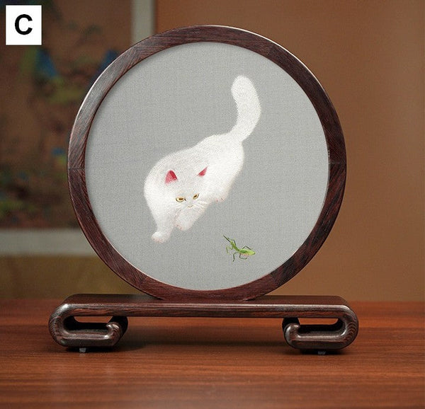 Unique Birthday Gift, Traditional Chinese Suzhou Kitten Embroidery Ornament, Lovely Kitty Cat Embroidered Decor, Premium Souvenir, Exclusive Business Present-ArtWorkCrafts.com
