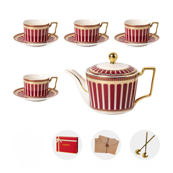Modern Ceramic Coffee Cups, 7.4 oz Red Tea Cup and Saucer Set of 4 cups with Teapot in Gift Box, Porcelain Tea Cup and Saucer Set-ArtWorkCrafts.com