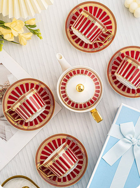 Modern Ceramic Coffee Cups, 7.4 oz Red Tea Cup and Saucer Set of 4 cups with Teapot in Gift Box, Porcelain Tea Cup and Saucer Set-ArtWorkCrafts.com