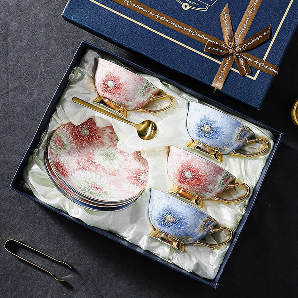 Unique Tea Cups and Saucers in Gift Box, Blue and Pink Beautiful British Tea Cups, Elegant Ceramic Coffee Cups, Creative Bone China Porcelain Tea Cup Set-ArtWorkCrafts.com