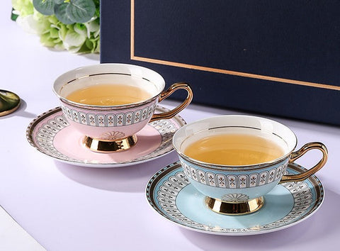 Royal Blue and Pink Bone China Porcelain Tea Cup Set, Tea Cups and Saucers in Gift Box, Elegant Ceramic Coffee Cups, Beautiful British Tea Cups-ArtWorkCrafts.com