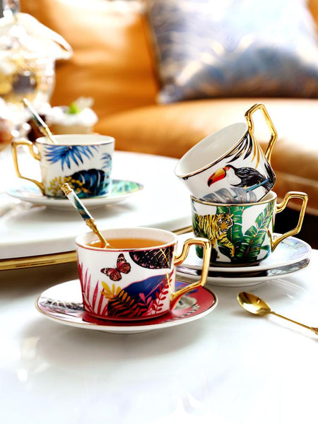 Elegant Tea Cup and Saucer, Jungle Toucan Pattern Porcelain Coffee Cups, 7.4 oz Coffee Cups with Gold Trim and Gift Box-ArtWorkCrafts.com