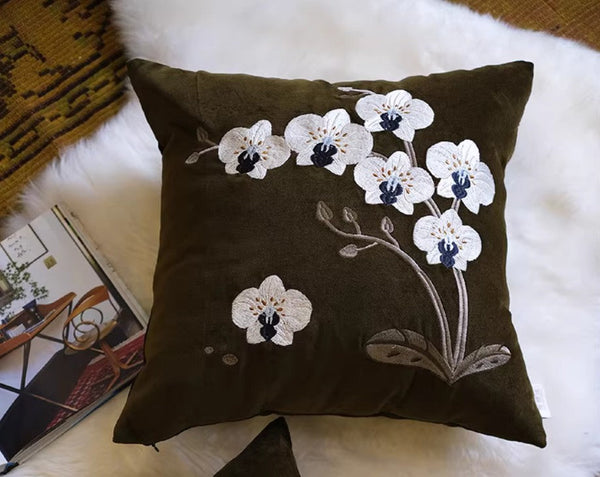 Large Decorative Pillows for Couch, Dark Olive Green Embroidered Moth Orchid Cushion, Decorative Pillow Arrangement Ideas for Couch, Living Room Decorative Pillows, Modern Throw Pillows for Bedroom-ArtWorkCrafts.com