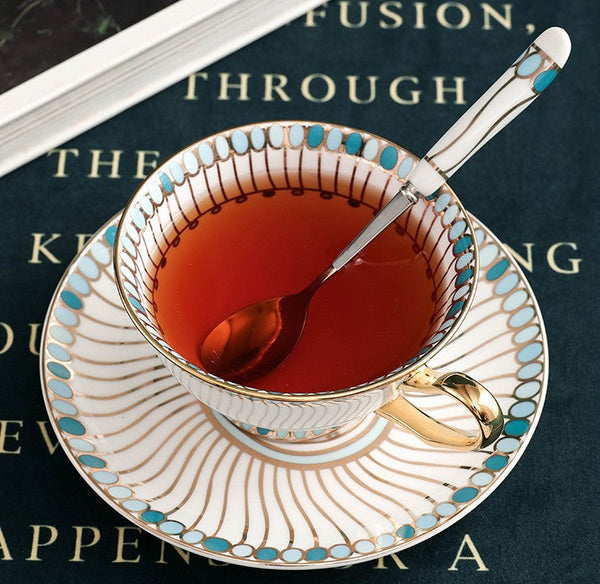 Unique Tea Cup and Saucer in Gift Box, Elegant British Ceramic Coffee Cups, Bone China Porcelain Tea Cup Set for Office, Green Ceramic Cups-ArtWorkCrafts.com