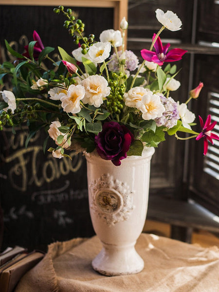Clematis, Olive Branch, Sweet Alyssum, Corn poppy, Cranberry, Iceberg Rose Flowers, Unique Flower Arrangement for Home Decoration, Beautiful Artificial Flowers for Living Room-ArtWorkCrafts.com