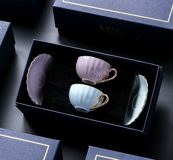 French Style Tea Cup and Saucer in Gift Box as Birthday Gift, Elegant Macaroon Ceramic Coffee Cups, Porcelain Tea Cup Saucer Set of 2 Cups, Beautiful British Tea Cups-ArtWorkCrafts.com