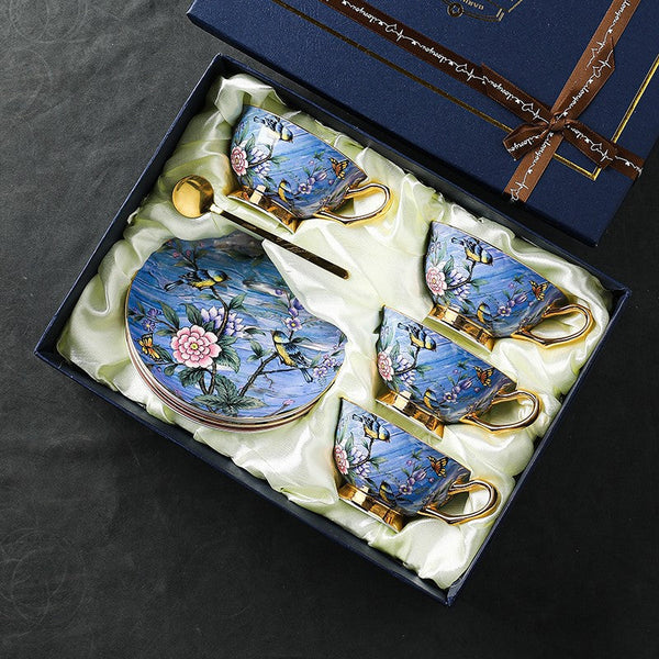 Blue Bird and Butterfly Porcelain Tea Cup Saucer Set, 7.4 oz British Tea Cup and Saucer in Gift Box, Elegant British Ceramic Coffee Cups-ArtWorkCrafts.com
