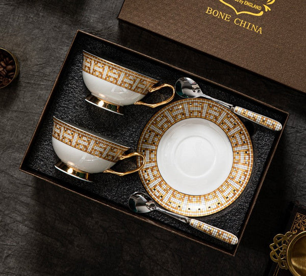 Handmade Elegant British Ceramic Coffee Cups, 6.8 oz Tea Cup and Saucer in Gift Box, Porcelain Tea Cup Set for Office, Yellow Ceramic Cups-ArtWorkCrafts.com