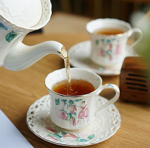 Elegant British Tea Cups, Beautiful Bone China Porcelain Tea Cup Set, Traditional English Tea Cups and Saucers, Unique Ceramic Coffee Cups-ArtWorkCrafts.com