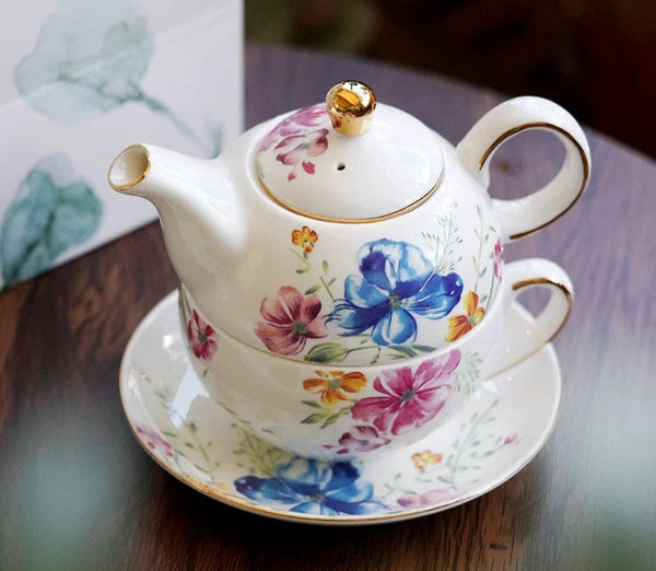 Ceramic Tea Pot with Integrated Cup, Stackable Teapot and Cup Set, Porcelain Teapot with Matching Cup and Saucer in Gift Box, Mother and Baby Teapot with Matching Saucer-ArtWorkCrafts.com