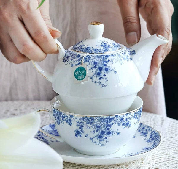 British Style Porcelain Teapot with Matching Cup and Saucer in Gift Box, Ceramic Tea Pot with Integrated Cup, Stackable Teapot and Cup Set, Mother-and-Baby Teapot with Matching Saucer-ArtWorkCrafts.com