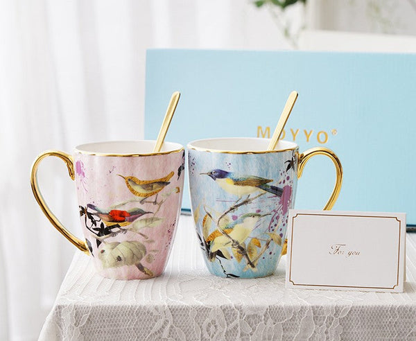 Elegant Ceramic Coffee Mug, Beautiful Bird Flower Ceramic Mug, Large Creative Bone China Porcelain Mug, Large Capacity Ceramic Mugs for Office-ArtWorkCrafts.com