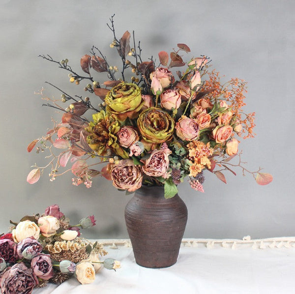 Beautiful Peony Rose Flowers Arrangement Interior Design, Large Faux Silk Floral Bouquet, Modern Artificial Floral Arrangement for Bedroom-ArtWorkCrafts.com