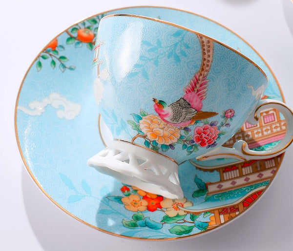 Elegant Oriental Pheasant Ceramic Cups, Beautiful Bird Pattern Tea Cups, Creative Bone China Porcelain Tea Cup Set, Unique Tea Cups and Saucers in Gift Box-ArtWorkCrafts.com