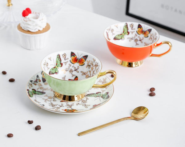Unique Butterfly Coffee Cups and Saucers, Creative Butterfly Ceramic Coffee Cups, Beautiful British Tea Cups, Creative Bone China Porcelain Tea Cup Set-ArtWorkCrafts.com